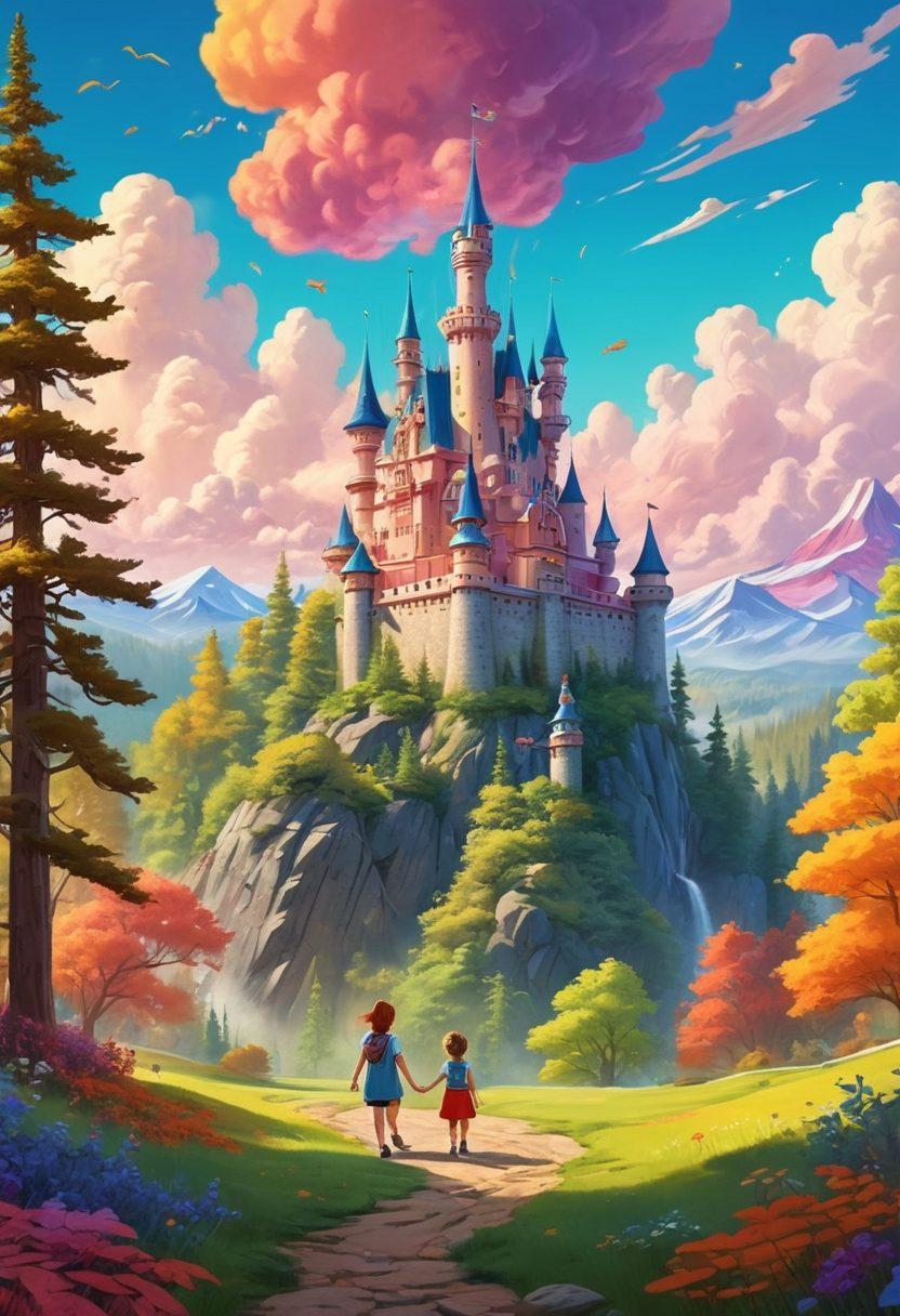 A colorful and whimsical landscape featuring a family joyfully exploring various iconic scenes from animated shows, such as vibrant forests, magical castles, and playful characters. Include a diverse family with children laughing and pointing at animated clouds shaped like beloved characters. The scene should be bright and inviting, filled with elements of imagination and fun. cartoonish style. vibrant colors. playful atmosphere.