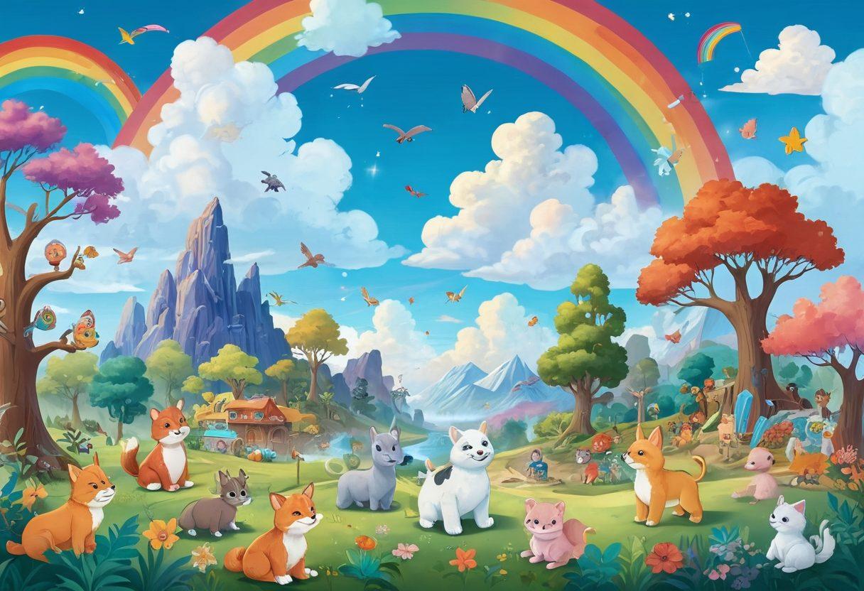 A colorful and whimsical landscape filled with various animated characters engaging in fun learning activities. Include children interacting with animated animals, vibrant books floating in the air, and playful elements like drawing tools and puzzle pieces. The background should be a dreamy sky with fluffy clouds and a rainbow, depicting a sense of adventure. Cartoonish, bright color palette, and whimsical style.