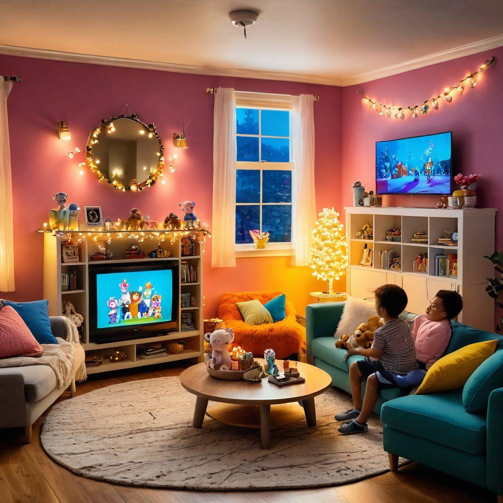 A colorful and vibrant scene featuring a whimsical living room filled with a cozy family watching a tiny television displaying joyful cartoon characters. Surrounding them are playful decorations, like stuffed animals and fairy lights, conveying a sense of warmth and fun. Include elements like popcorn bowls, laughter, and smiles to capture family bonding. The setting is bright and inviting, appealing to all ages. colorful cartoon style. vibrant colors. cheerful ambiance.